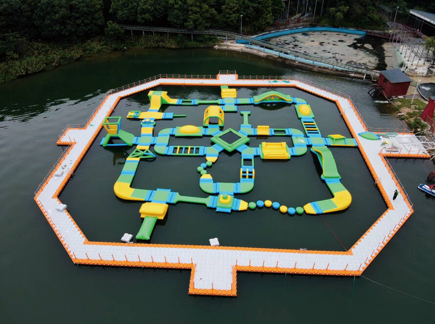 Custom floating platform for access to floating waterpark